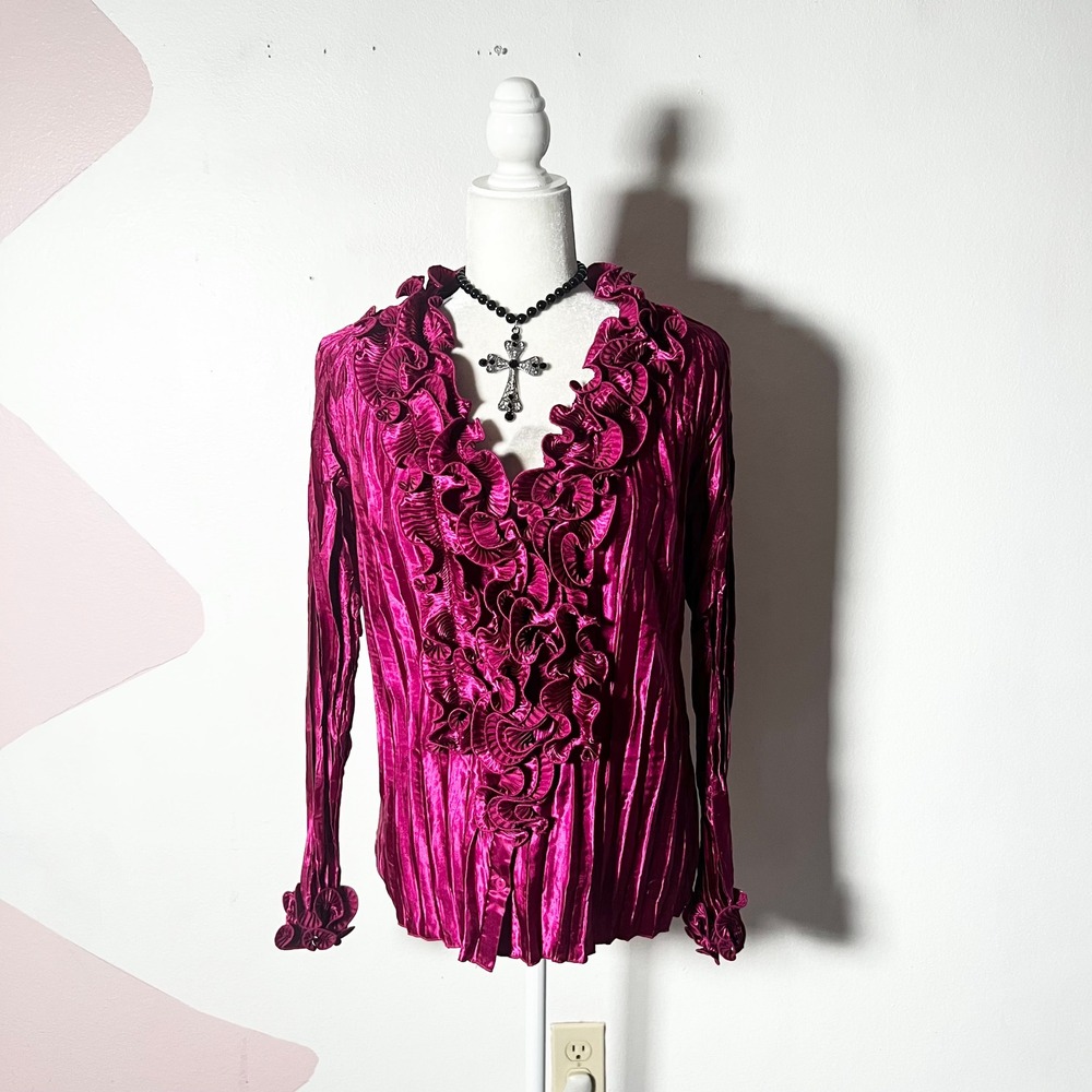 Vtg Y2k 2000s Ruffle Top Women's Medium Hot Pink Fairy Whimsical